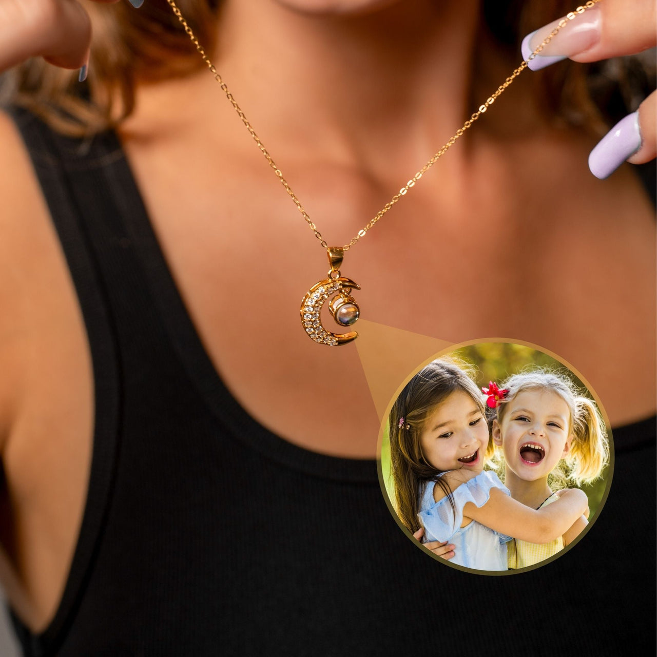 Lucky Moon Photo Personalised Necklace  - Photo Necklace - Photo Projection Necklace Necklace Gold Brother & Sisters