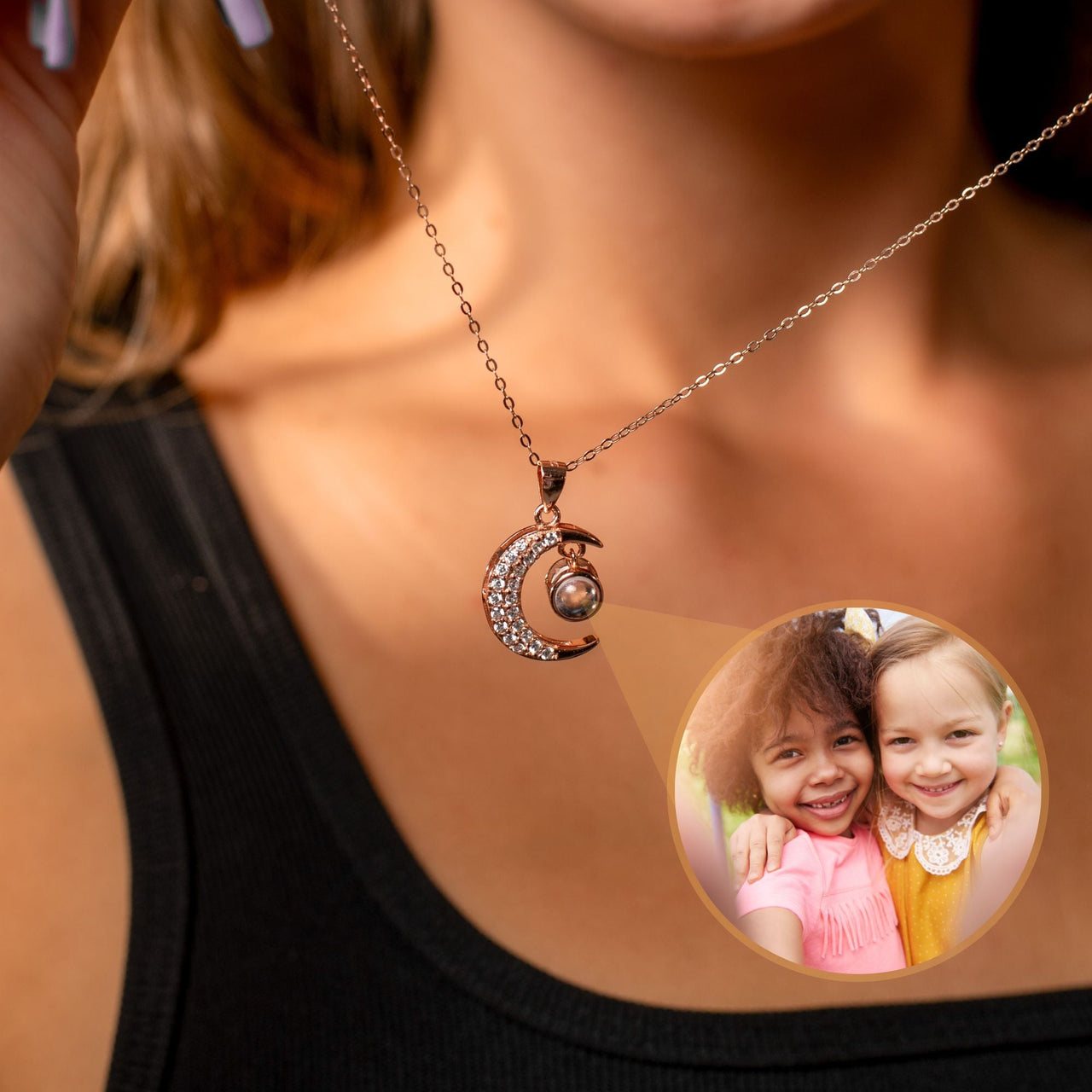 Lucky Moon Photo Personalised Necklace  - Photo Necklace - Photo Projection Necklace Necklace Rose Gold Brother & Sisters