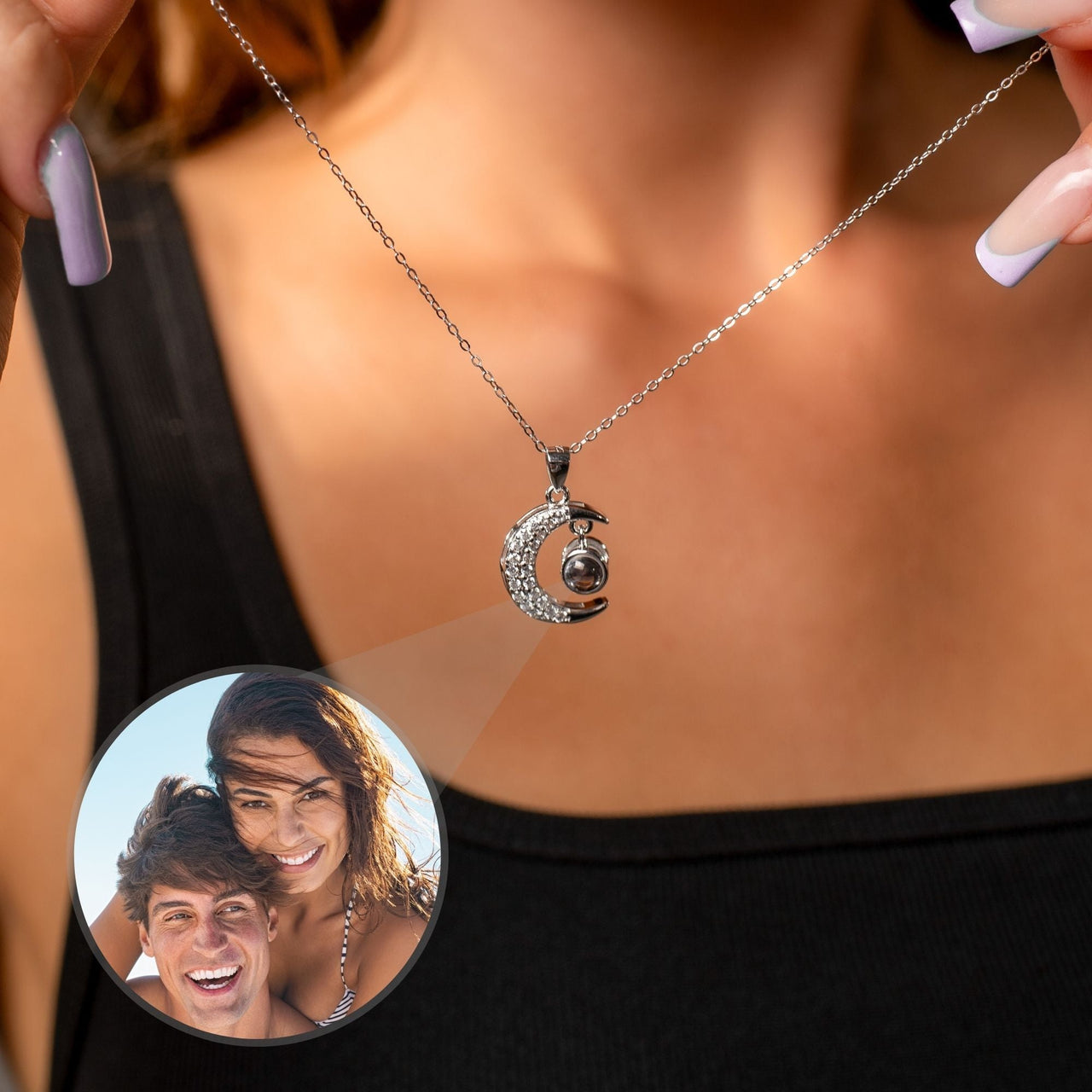 Lucky Moon Photo Personalised Necklace  - Photo Necklace - Photo Projection Necklace Necklace Silver Brother & Sisters