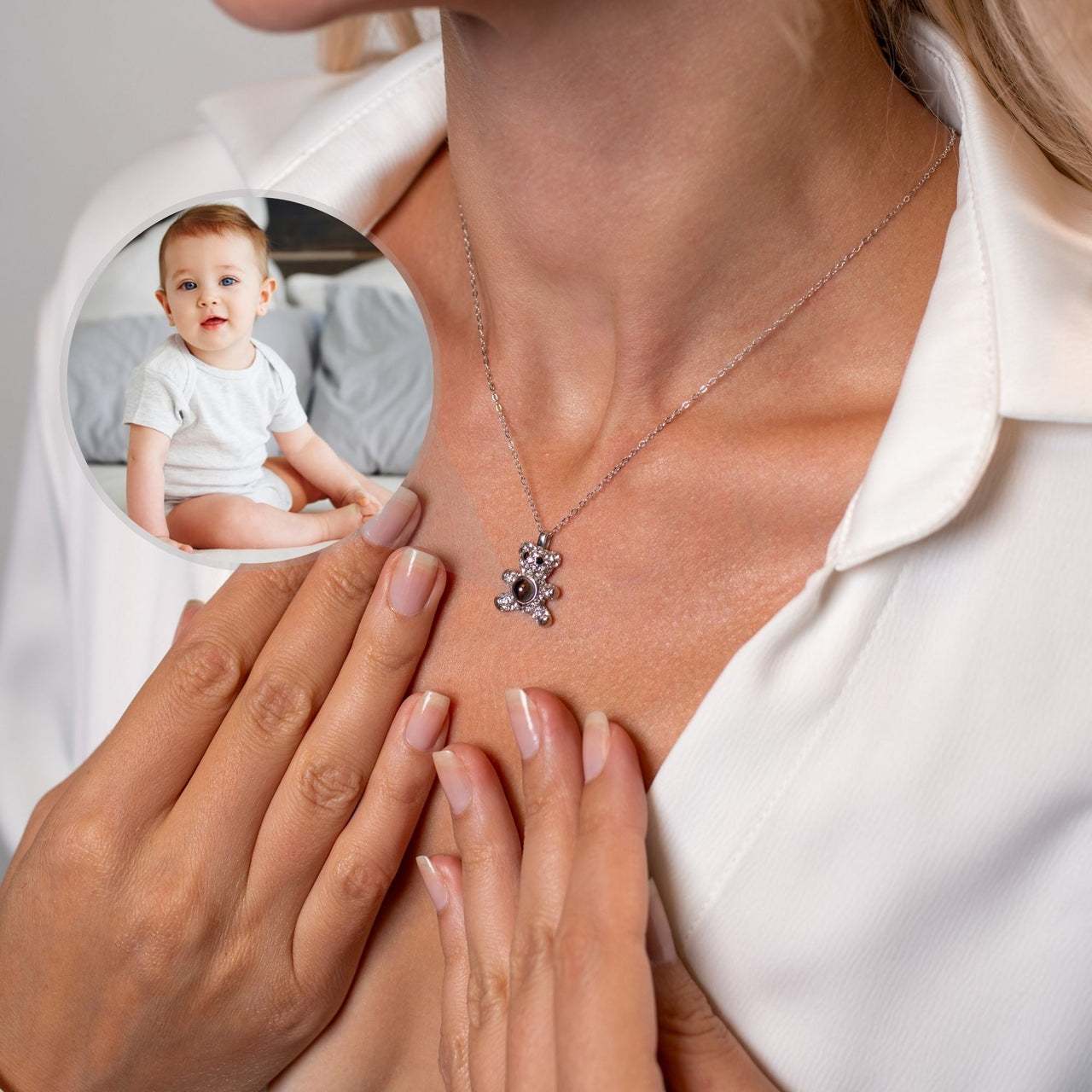 Teddy Bear Photo Personalised Necklace  - Photo Necklace - Photo Projection Necklace Necklace Brother & Sisters