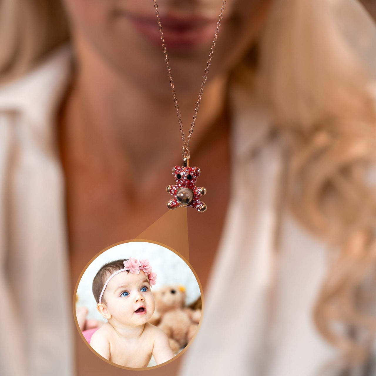 Teddy Bear Photo Personalised Necklace  - Photo Necklace - Photo Projection Necklace Necklace Rose Gold Brother & Sisters