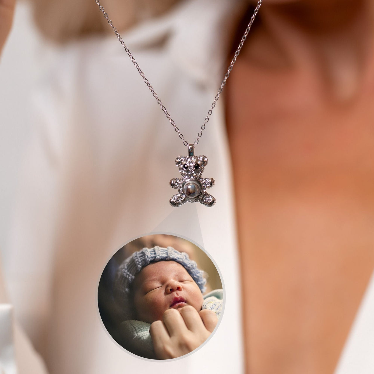 Teddy Bear Photo Personalised Necklace  - Photo Necklace - Photo Projection Necklace Necklace Silver Brother & Sisters