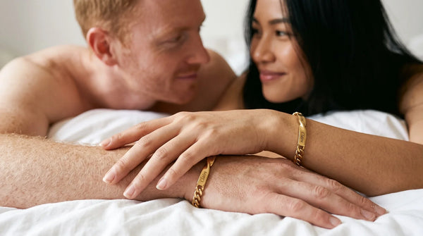 12 Relationship Jewelry Examples That Feel Personal: infinity bond matching bracelet worn, personalized jewelry in 304L stainless steel