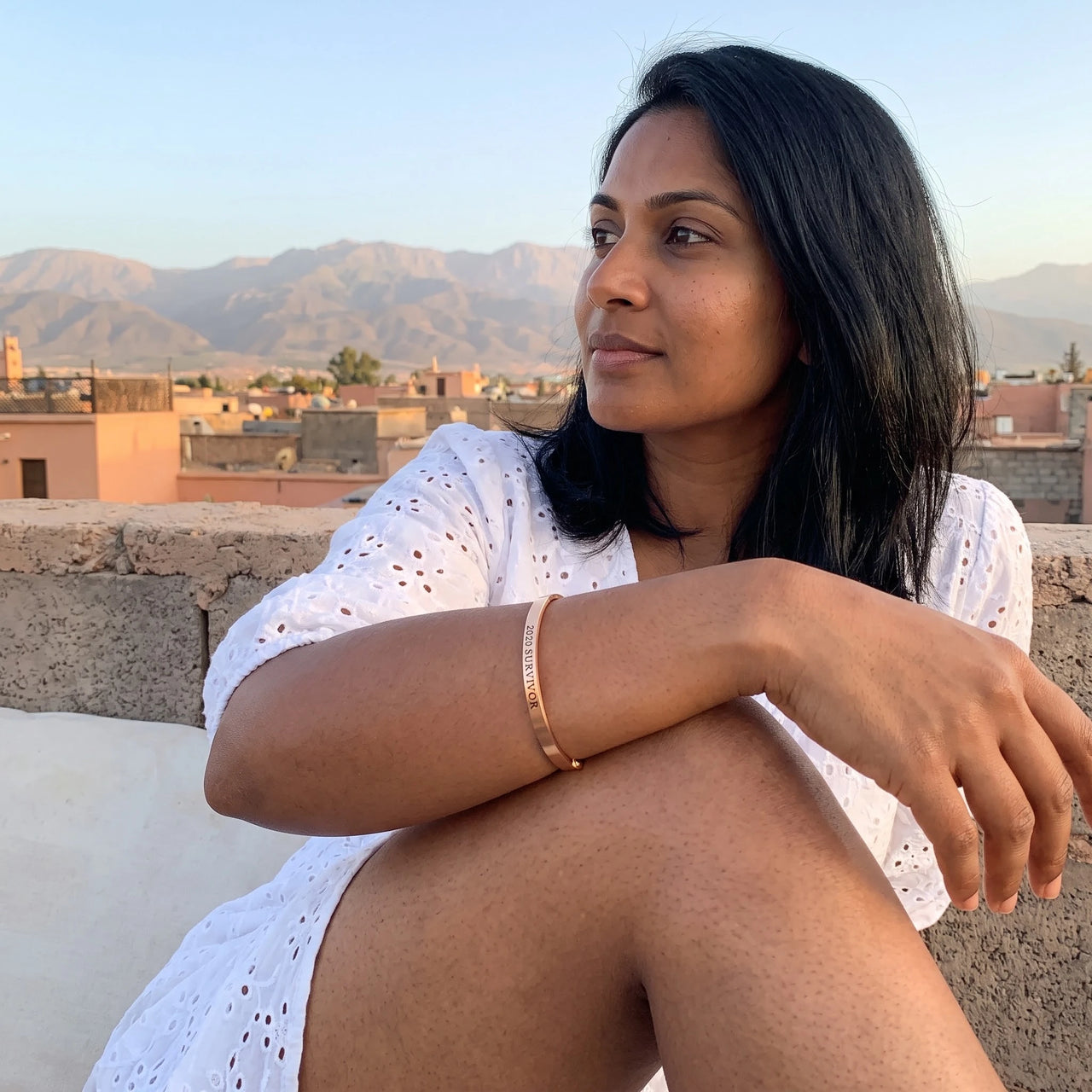 2020 Survivor bracelet in rose gold worn on a getaway | SKU: 2020s-rg