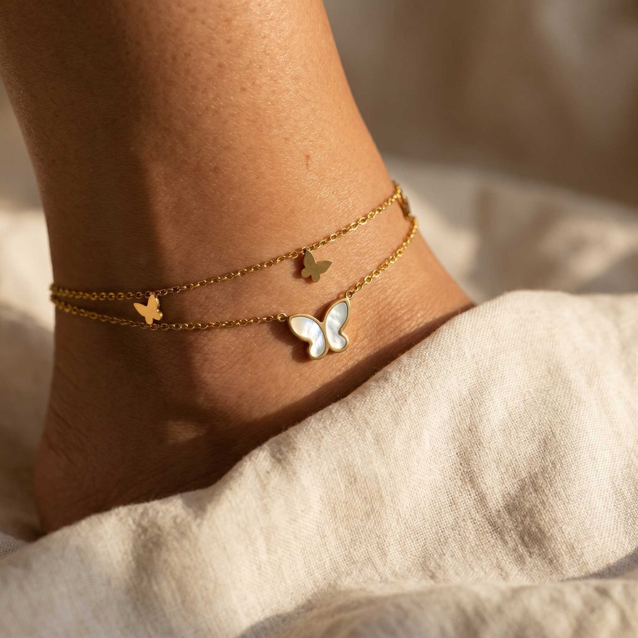 Fußkettchen Gold Schmetterling Perlmutt