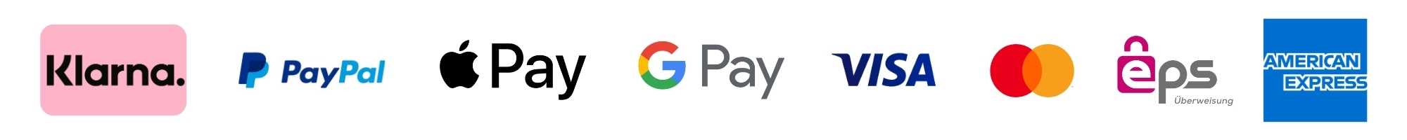 Apple Pay, Google Pay, Visa, Mastercard, PayPal, Amex, AfterPay, Klarna, EPS