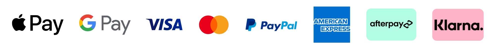 Apple Pay, Google Pay, Visa, Mastercard, PayPal, Amex, AfterPay, Klarna