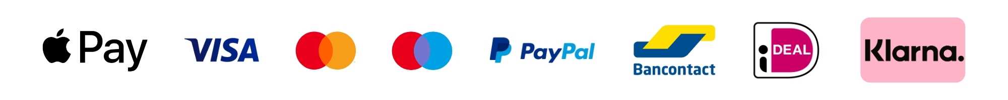 Apple Pay Visa, Mastercard, Maestro, PayPal, Bancontact, iDeal, Klarna
