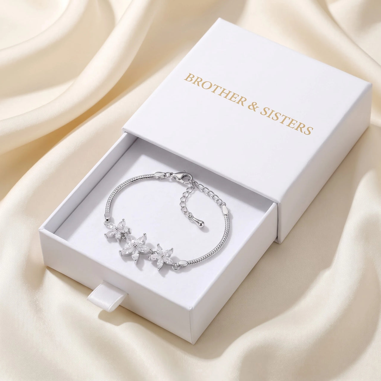 Austrian Crystals Flowers, silver bracelet — gift box | SKU: 422177-white-gold-XS-S