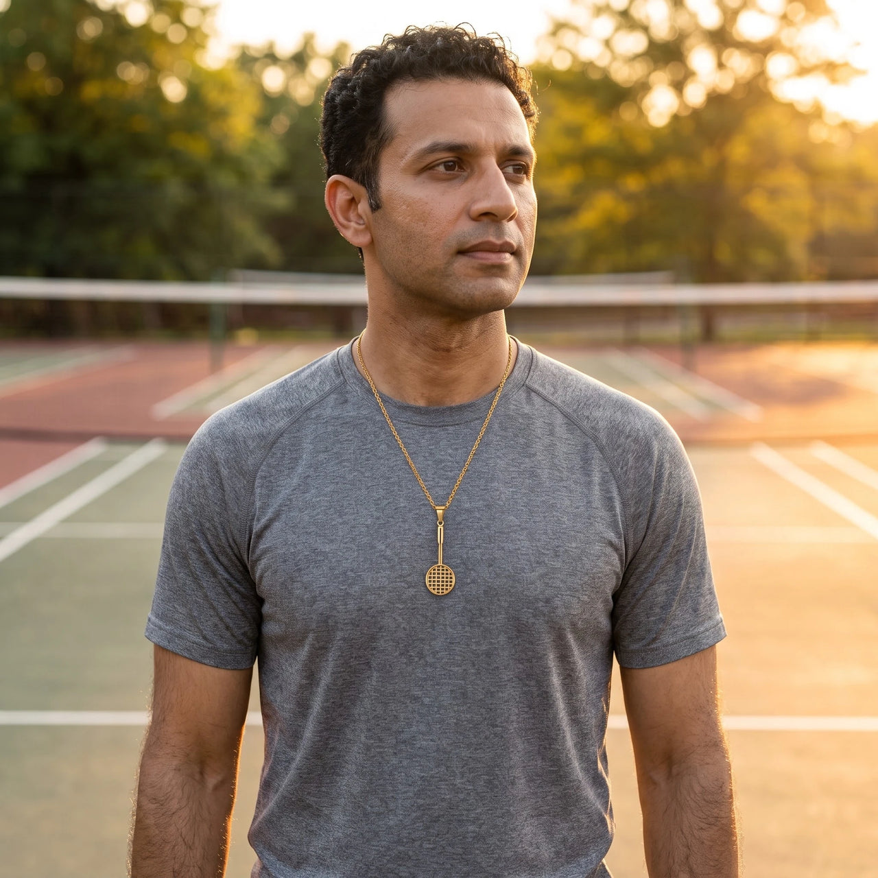 Badminton Racket Necklace Gold – worn by a man playing badminton | Brother & Sisters | SKU: Gold