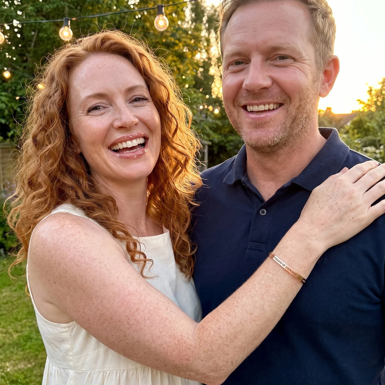 Couple moment, she wears the Be The Unique Version Of Yourself bracelet in rose gold | SKU: btuvoy-rg