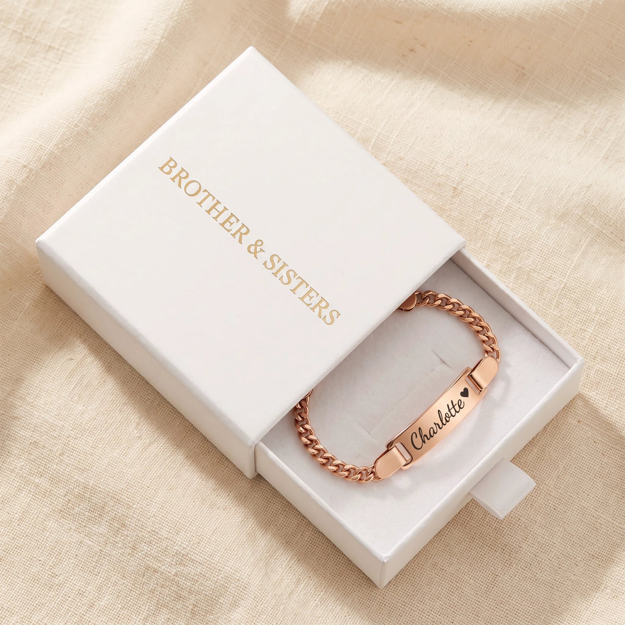 Baby Name Bracelet by Brother & Sisters in rose gold gift box