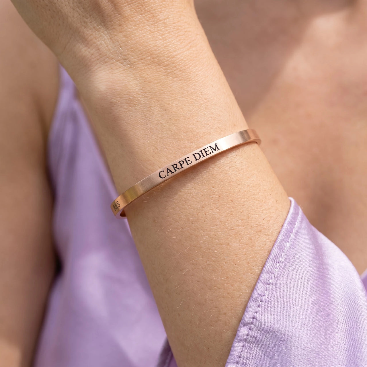 Close-up of the Carpe Diem bracelet in rose gold worn | SKU: cp-rg