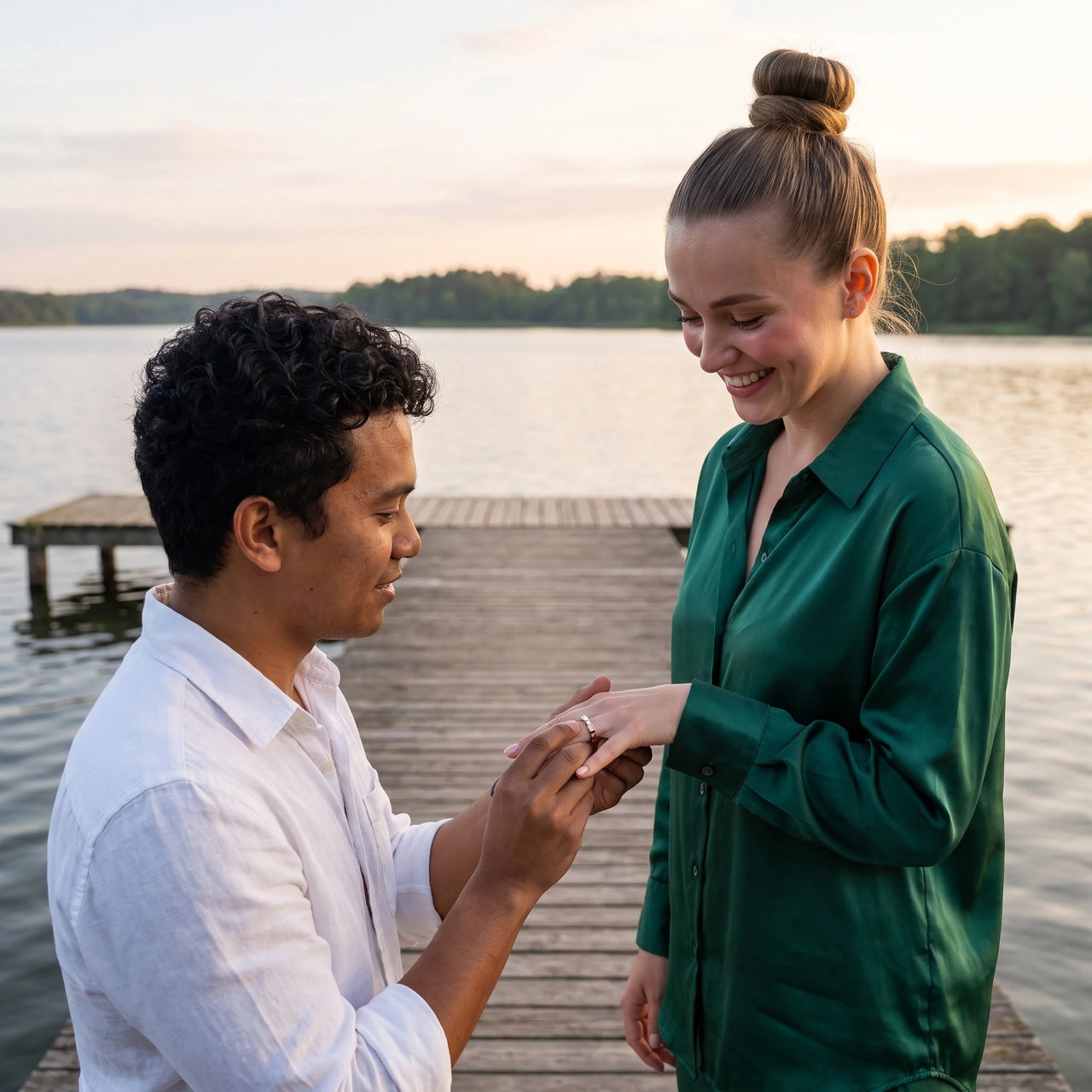 Proposal moment, he slips the Engagement Ring & Crystals in rose gold onto her finger | SKU: 25535394-6-rose-gold
