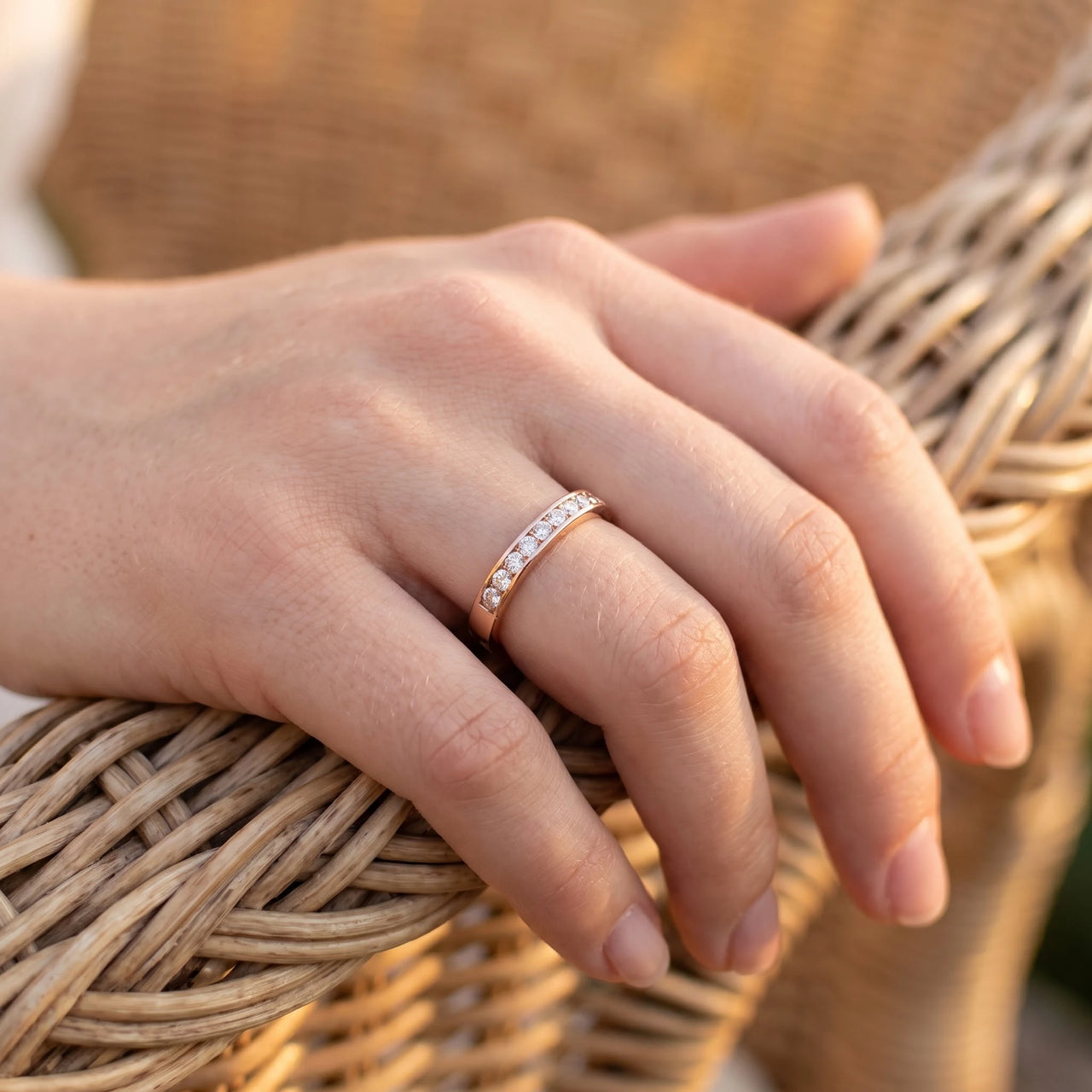 Engagement Ring & Crystals in rose gold worn, showing its real size | SKU: 25535394-6-rose-gold