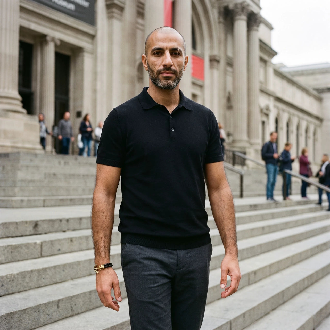 Gold Anchor – man on museum steps | Brother & Sisters | SKU: 3621358-gold-XS-14-15, 3621358-gold-S-16-17, 3621358-gold-M-18-19, 3621358-gold-L-20-21, 3621358-gold-XL-22-23