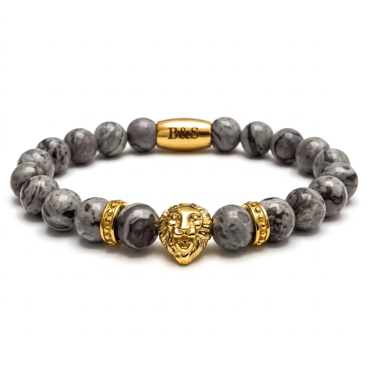 Gold Lion & Grey Stones Bracelet – studio packshot | Brother & Sisters | SKU: 20866222-gold-XS-14-15, 20866222-gold-S-16-17, 20866222-gold-M-18-19, 20866222-gold-L-20-21, 20866222-gold-XL-22-23