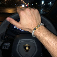 Thumbnail for Gold Lion & Grey Stones Bracelet – worn at the steering wheel of a luxury car | Brother & Sisters | SKU: 20866222-gold-XS-14-15, 20866222-gold-S-16-17, 20866222-gold-M-18-19, 20866222-gold-L-20-21, 20866222-gold-XL-22-23