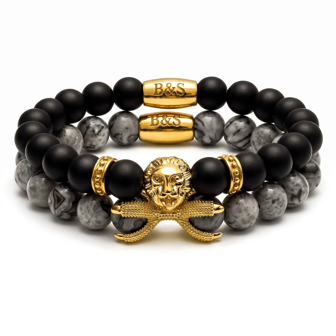 Gold Lion with Black & Grey Stones Set – studio packshot | Brother & Sisters | SKU: 21369621-gold-XS-14-15, 21369621-gold-S-16-17, 21369621-gold-M-18-19, 21369621-gold-L-20-21, 21369621-gold-XL-22-23