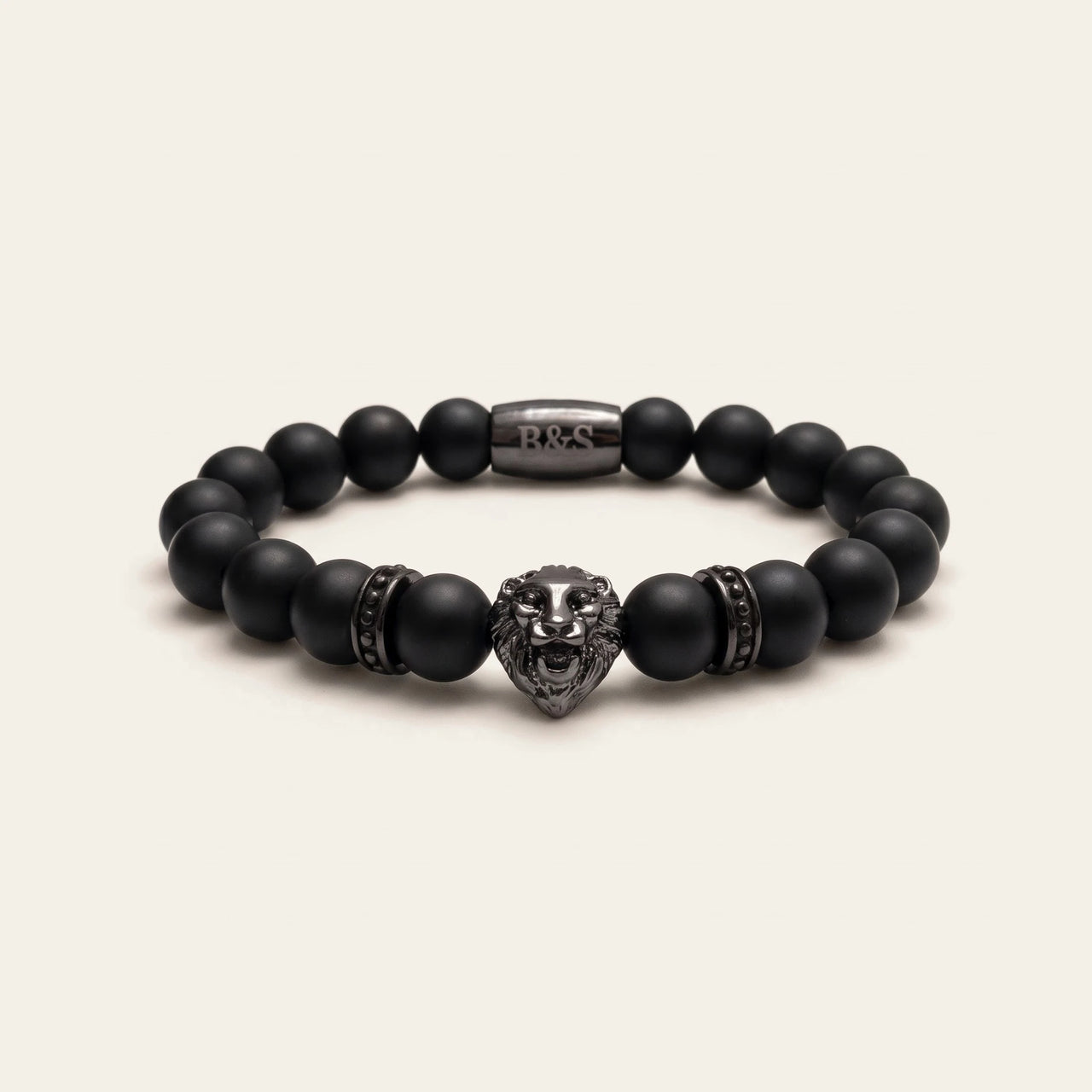 Black Lion & Black Stones Bracelet – studio packshot | Brother & Sisters | SKU: 20712286-gun-black-XS-14-15, 20712286-gun-black-S-16-17, 20712286-gun-black-M-18-19, 20712286-gun-black-L-20-21, 20712286-gun-black-XL-22-23