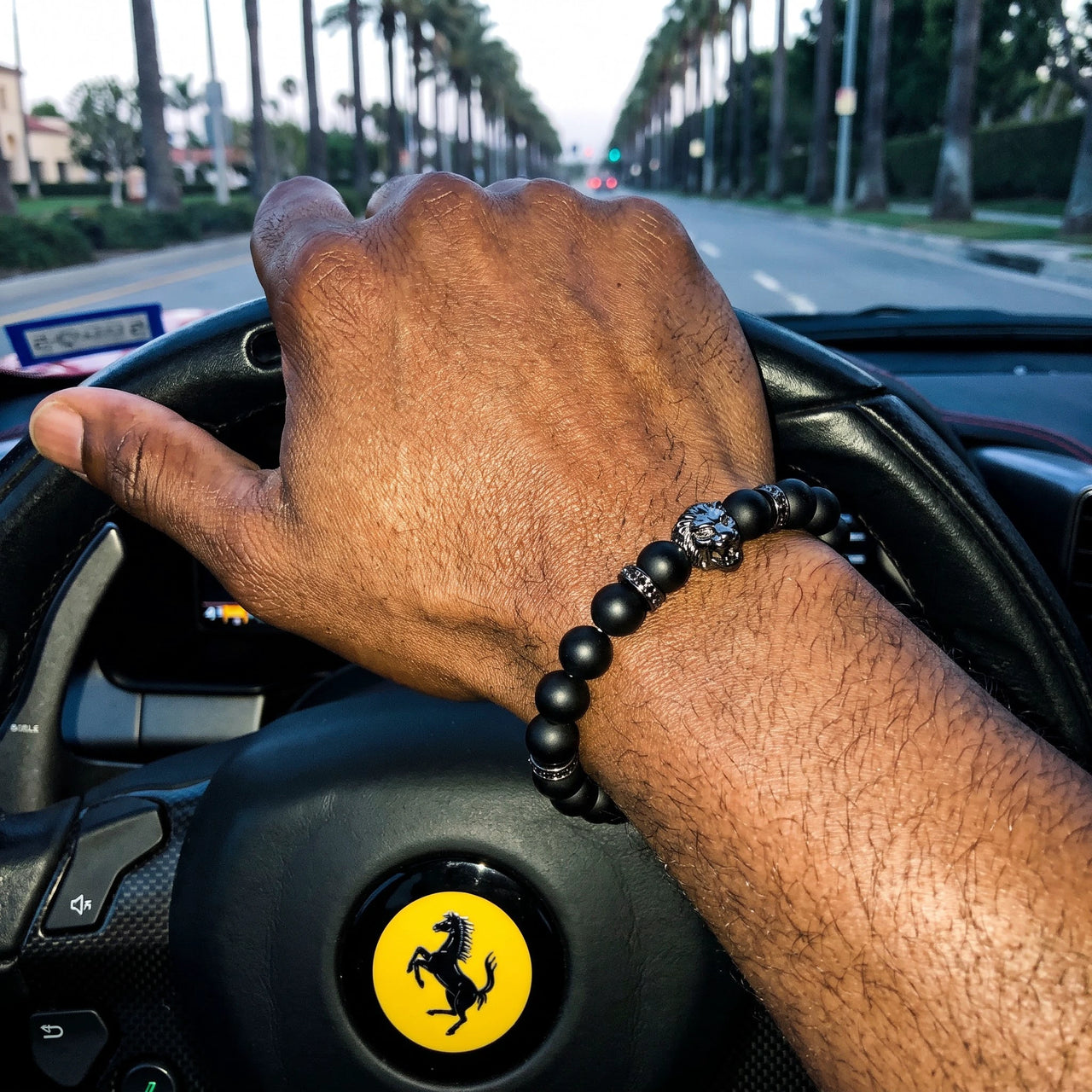 Black Lion & Black Stones Bracelet – worn at the steering wheel of a luxury car | Brother & Sisters | SKU: 20712286-gun-black-XS-14-15, 20712286-gun-black-S-16-17, 20712286-gun-black-M-18-19, 20712286-gun-black-L-20-21, 20712286-gun-black-XL-22-23