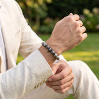 Thumbnail for Black Lion & Grey Stones Bracelet – worn with a shirt cuff | Brother & Sisters | SKU: 20866222-gun-black-XS-14-15, 20866222-gun-black-S-16-17, 20866222-gun-black-M-18-19, 20866222-gun-black-L-20-21, 20866222-gun-black-XL-22-23