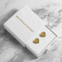 Thumbnail for Heart Initial Stud Earrings in Gold in the Brother & Sisters gift box | SKU: heart-initial-gold-a