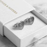 Thumbnail for Heart Initial Stud Earrings in Silver in the Brother & Sisters gift box | SKU: heart-initial-silver-a