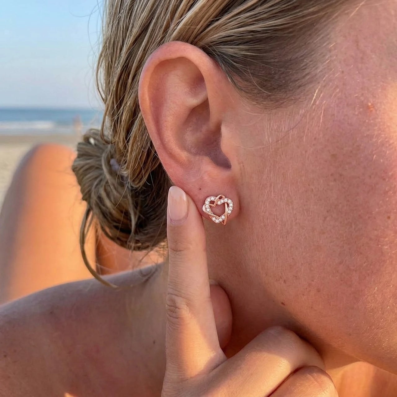 Rose gold stud earrings worn, showing its real size | SKU: 419593-rose-gold