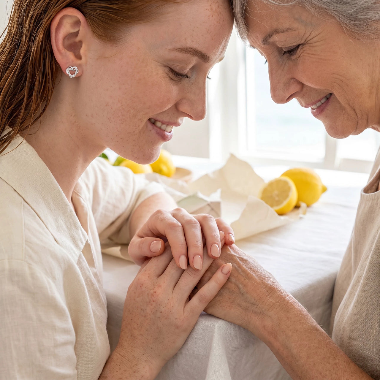 Silver stud earrings offered as a gift between mother and daughter | SKU: 4478648-platinum-plated-clear