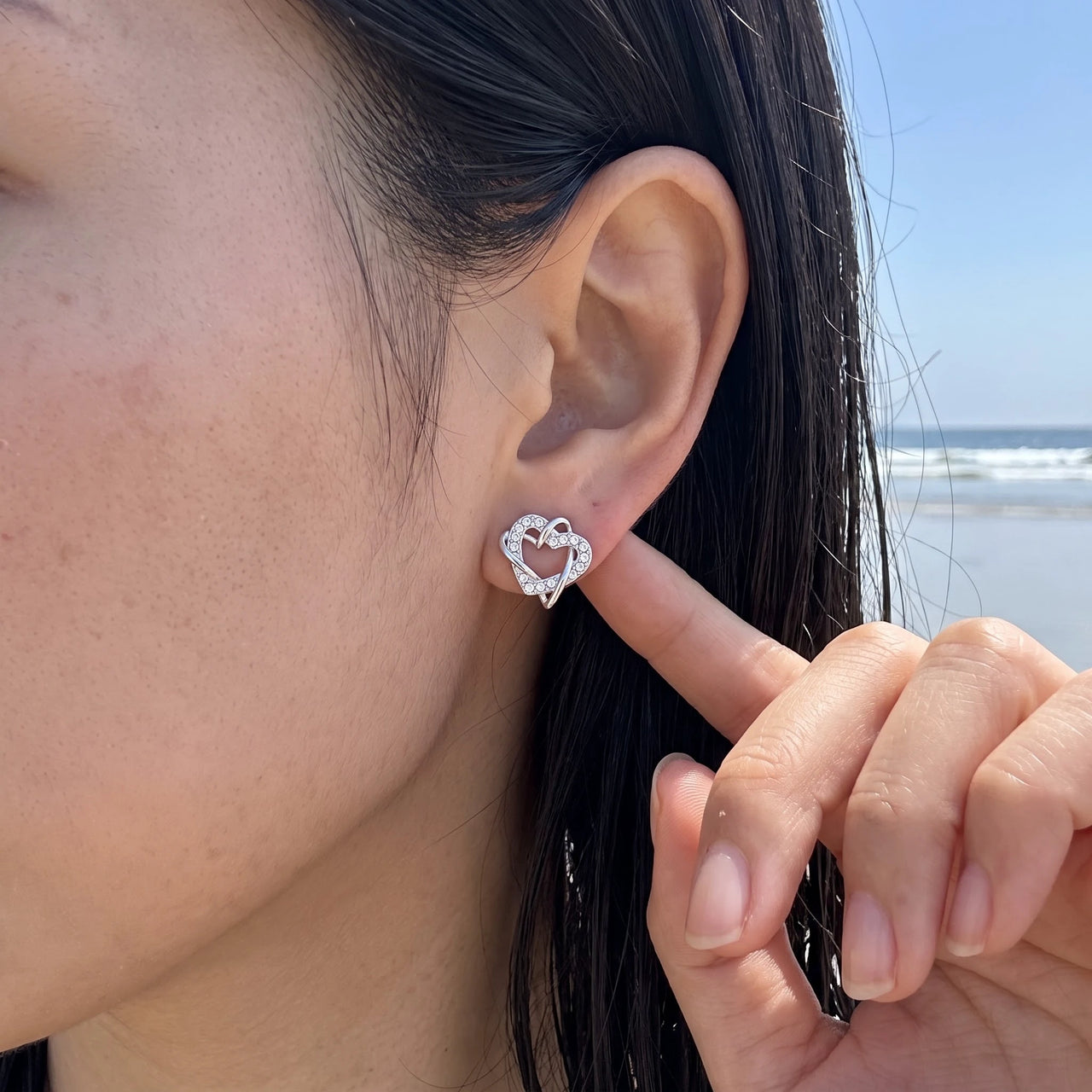 Silver stud earrings worn, showing its real size | SKU: 4478648-platinum-plated-clear
