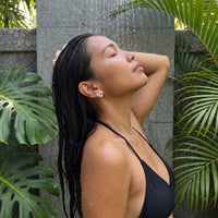 Thumbnail for Silver stud earrings worn in a tropical outdoor shower | SKU: 4478648-platinum-plated-clear