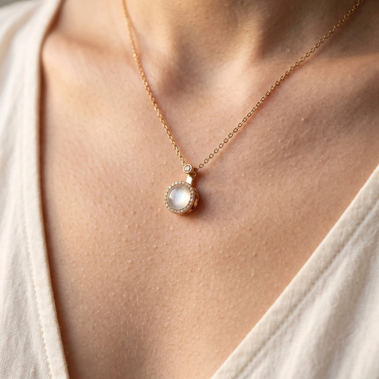The Moonstone, gold necklace — close up | SKU: lelunaire