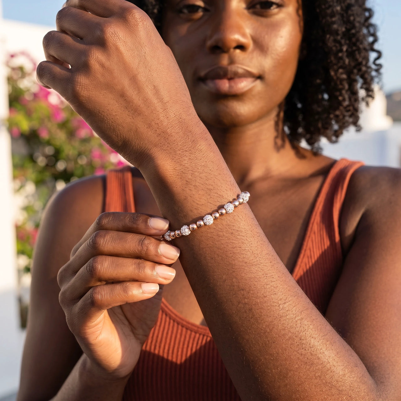 Ball bracelet — worn, everyday gesture, rose gold | SKU: 25535342-rose-gold