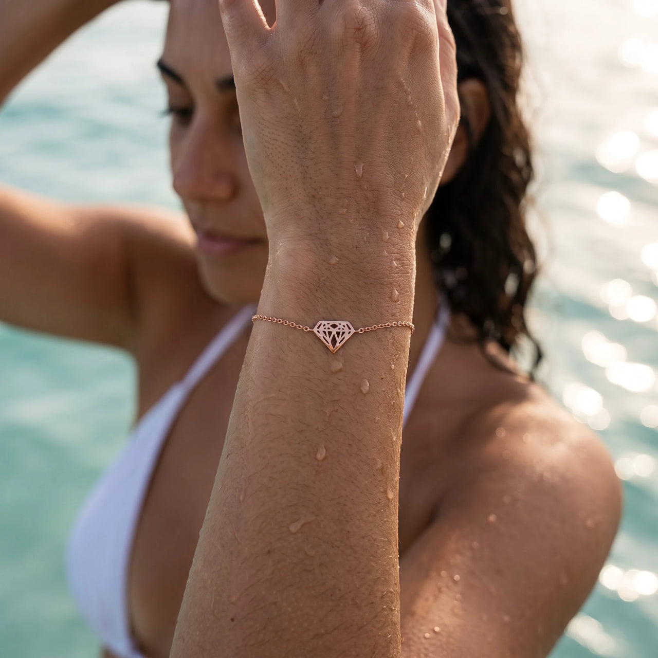 Rose gold bracelet worn in the sea, waterproof stainless steel with water drops | SKU: 11662607-rose-gold
