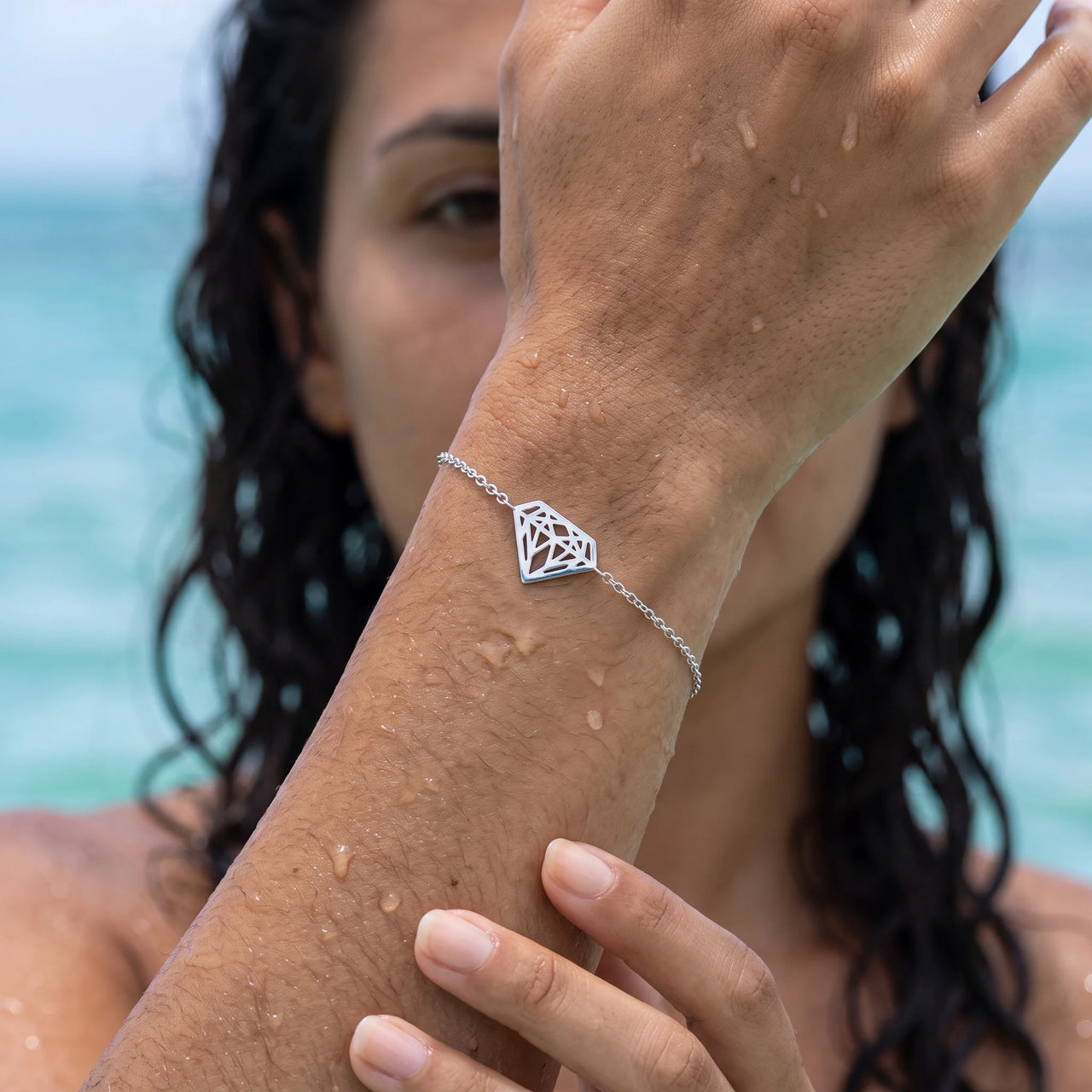 Silver bracelet worn in the sea, waterproof stainless steel with water drops | SKU: 11662607-white-gold