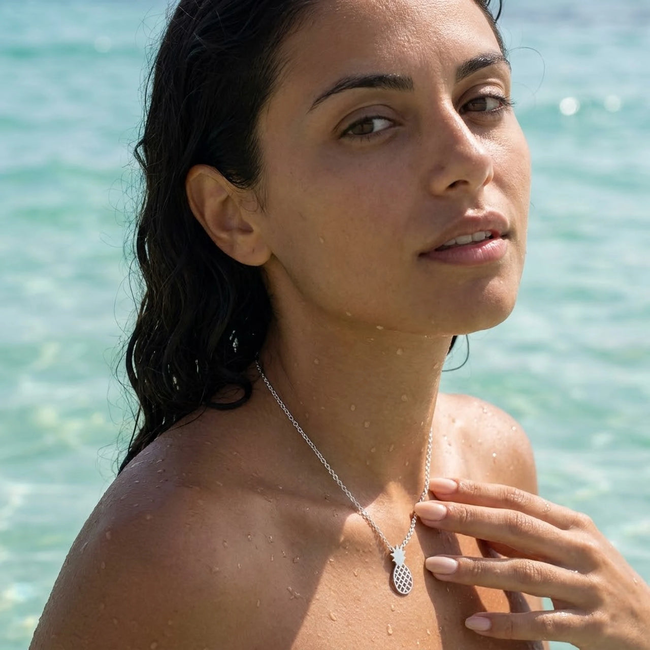 Pineapple necklace — worn in the water, waterproof, silver | SKU: 8050907-white-gold