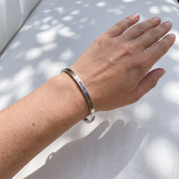Thumbnail for Loyal, Brave, And, True bracelet in silver worn, showing its real size | SKU: lbat-wg