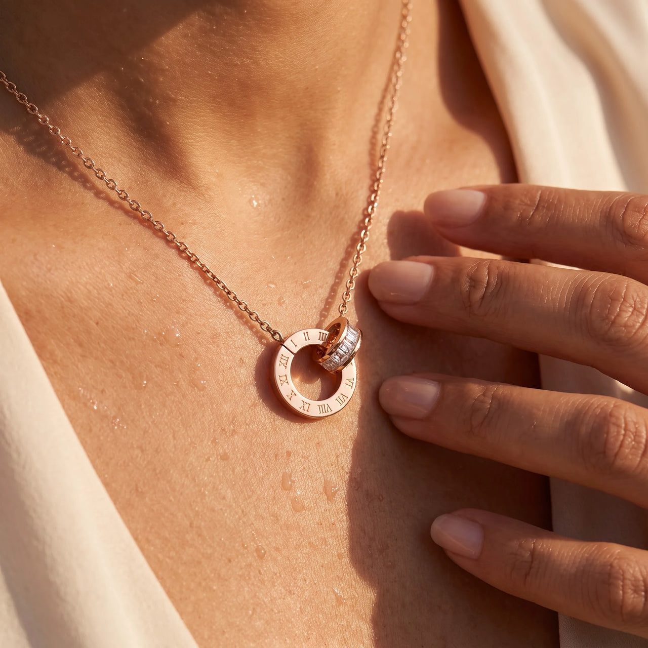 Close-up of the rose gold necklace worn on the skin | SKU: 25535378-rose-gold