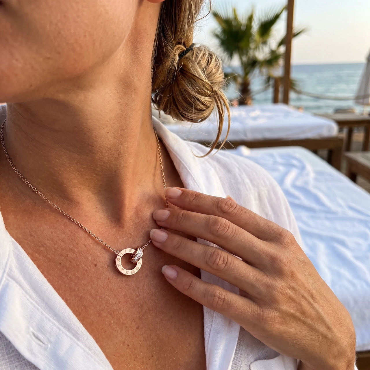 Rose gold necklace worn, showing its real size | SKU: 25535378-rose-gold