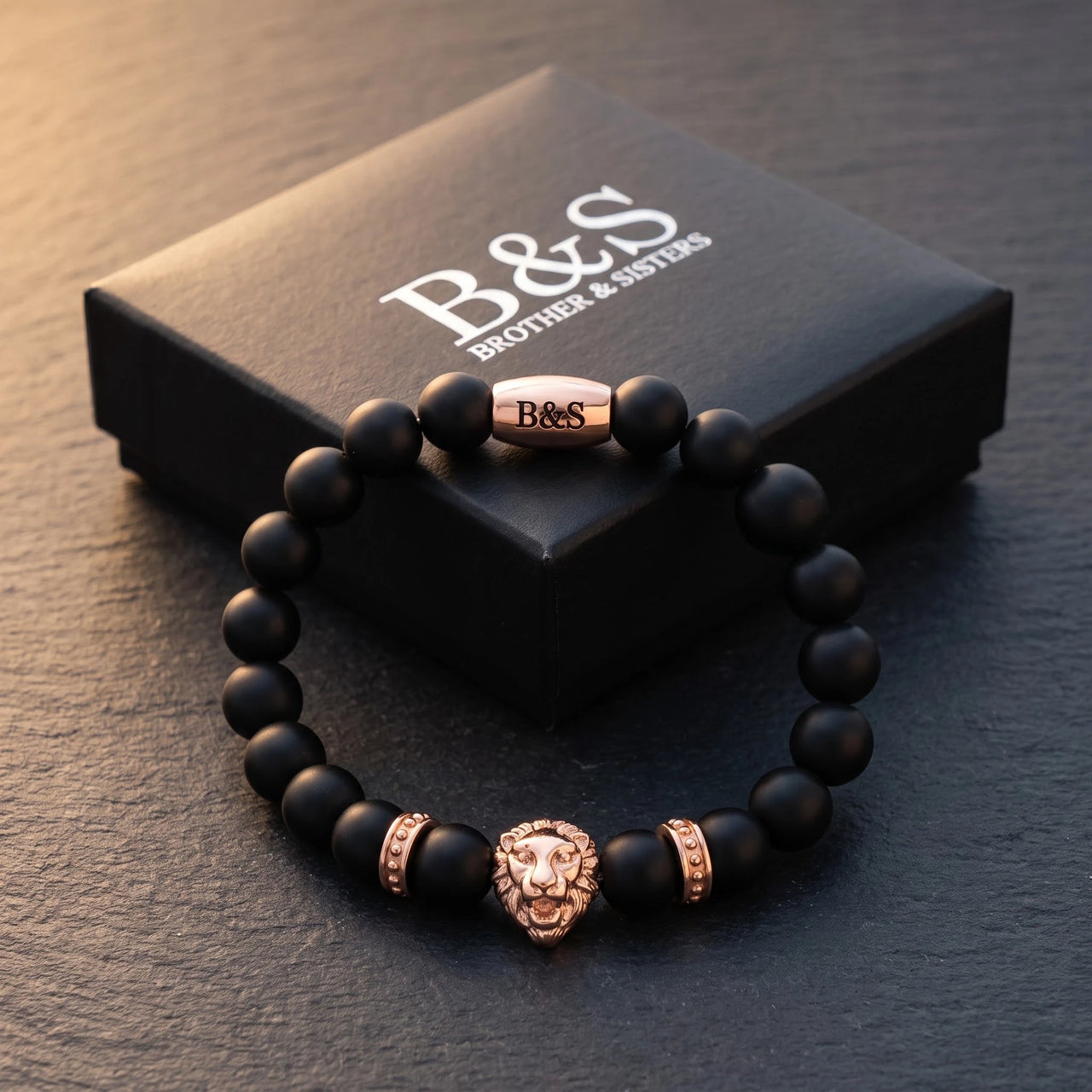 Rose Gold Lion & Black Stones Bracelet – in the Brother & Sisters gift box | Brother & Sisters | SKU: 20712286-rose-gold-XS-14-15, 20712286-rose-gold-S-16-17, 20712286-rose-gold-M-18-19, 20712286-rose-gold-L-20-21, 20712286-rose-gold-XL-22-23