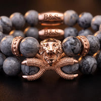 Thumbnail for Rose Gold Lion & Grey Stones Set – macro detail of the lion head | Brother & Sisters | SKU: 21039839SET-rose-gold-XS-14-15, 21039839SET-rose-gold-S-16-17, 21039839SET-rose-gold-M-18-19, 21039839SET-rose-gold-L-20-21, 21039839SET-rose-gold-XL-22-23