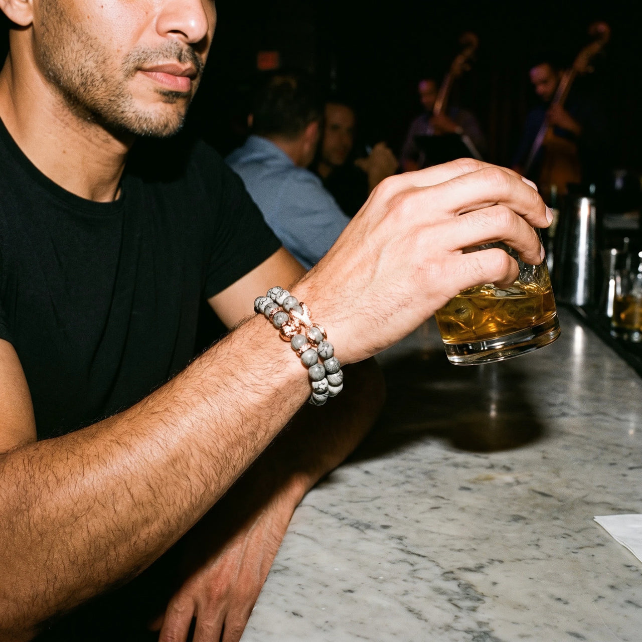 Rose Gold Lion & Grey Stones Set – worn at a whisky bar | Brother & Sisters | SKU: 21039839SET-rose-gold-XS-14-15, 21039839SET-rose-gold-S-16-17, 21039839SET-rose-gold-M-18-19, 21039839SET-rose-gold-L-20-21, 21039839SET-rose-gold-XL-22-23
