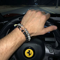Thumbnail for Rose Gold Lion with Black & Grey Stones Set – worn at the steering wheel of a luxury car | Brother & Sisters | SKU: 21369621-rose-gold-XS-14-15, 21369621-rose-gold-S-16-17, 21369621-rose-gold-M-18-19, 21369621-rose-gold-L-20-21, 21369621-rose-gold-XL-22-23