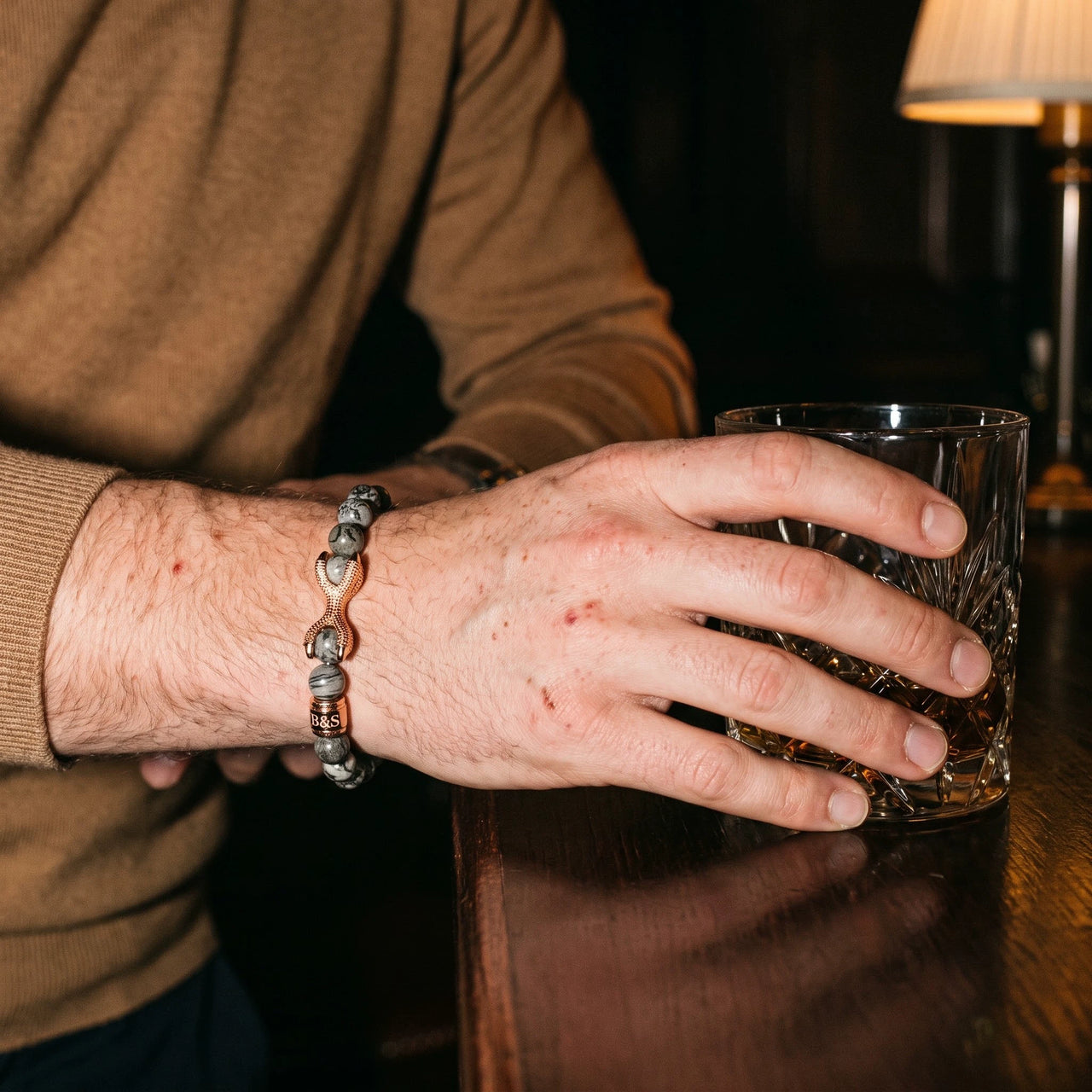 Rose Gold Viking & Grey Stones – holding a glass of whisky | Brother & Sisters | SKU: 21039839-rose-gold-XS-14-15, 21039839-rose-gold-S-16-17, 21039839-rose-gold-M-18-19, 21039839-rose-gold-L-20-21, 21039839-rose-gold-XL-22-23