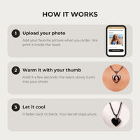 Thumbnail for How it works: upload your photo, warm the heart with your thumb, let it cool back to black | SKU: TPH-CHTN-BLACK-SMALL