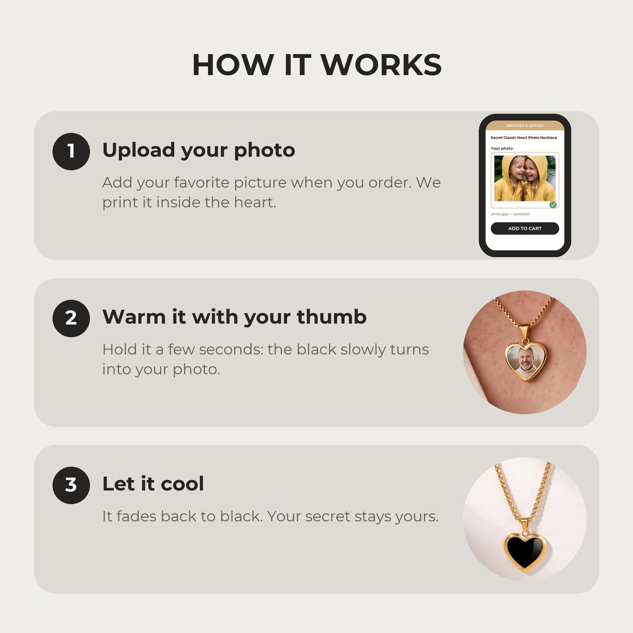 How it works: upload your photo, warm the heart with your thumb, let it cool back to black | SKU: TPH-CHTN-GOLD-SMALL