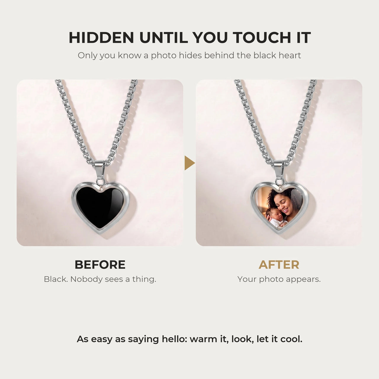 Before and after: the silver heart pendant turns from black to the hidden photo with the warmth of a touch | SKU: TPH-CHTN-SILVER-SMALL