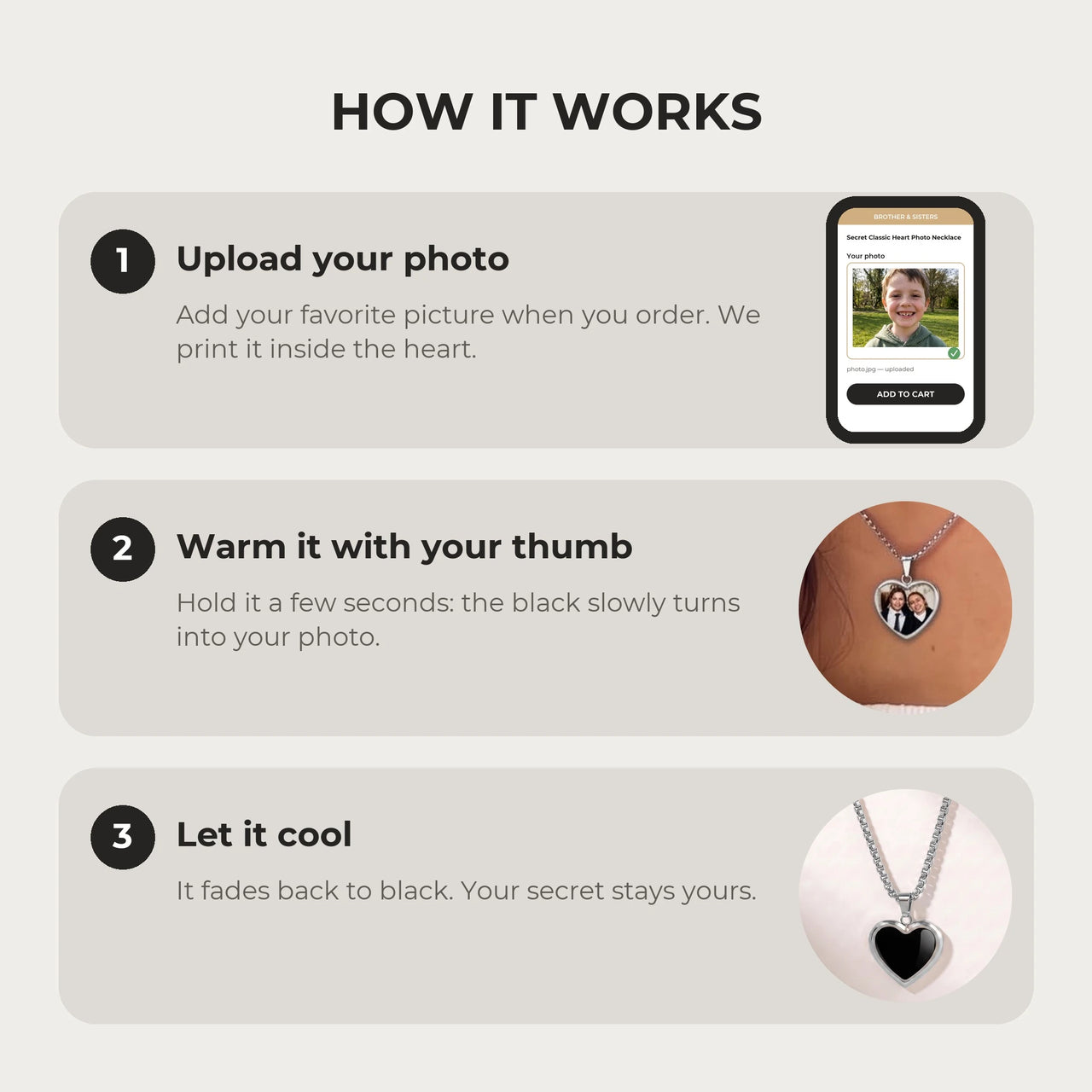 How it works: upload your photo, warm the heart with your thumb, let it cool back to black | SKU: TPH-CHTN-SILVER-SMALL