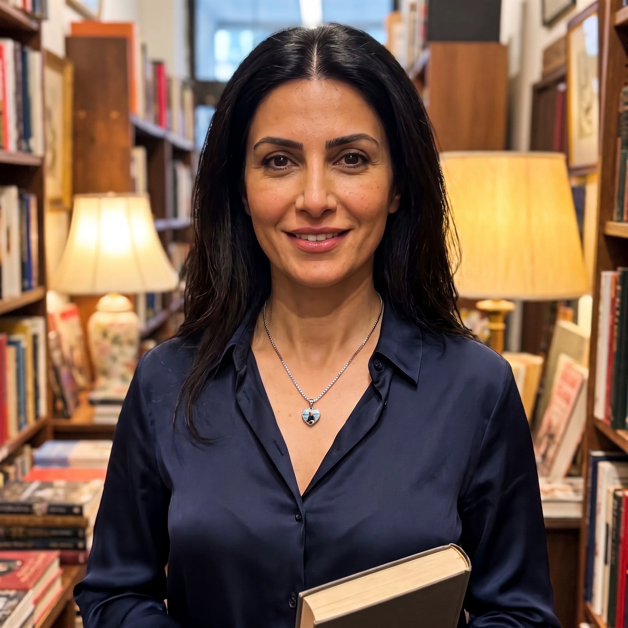 Woman in a bookshop wearing the silver secret heart photo necklace | SKU: TPH-CHTN-SILVER-SMALL